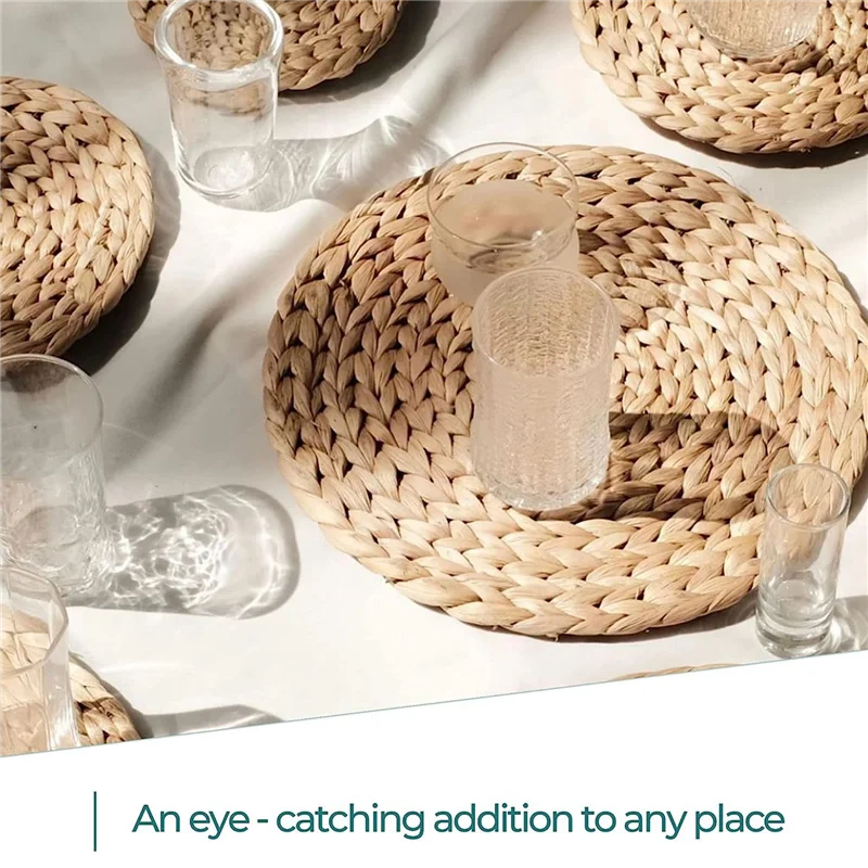 Round Woven Placemats, Natural Water Hyacinth Placemats, Wicker Placemats, Braided Straw Rattan Table Mats 6Pack