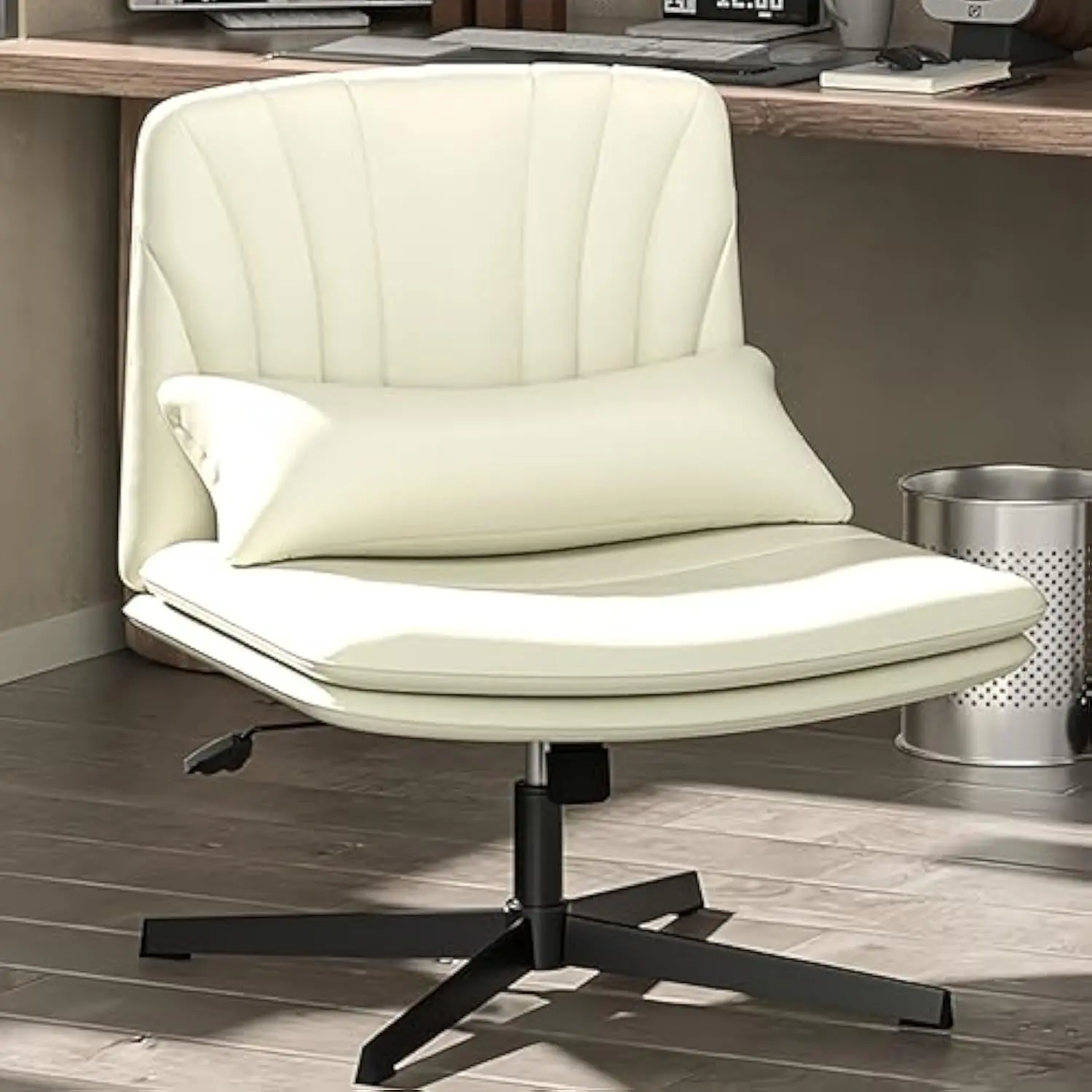 

Extra Wide Seat Criss Cross Legged Office Chair with Lumbar Support, Comfy Armless Office Desk Chair No Wheels, Adjustable Swiv