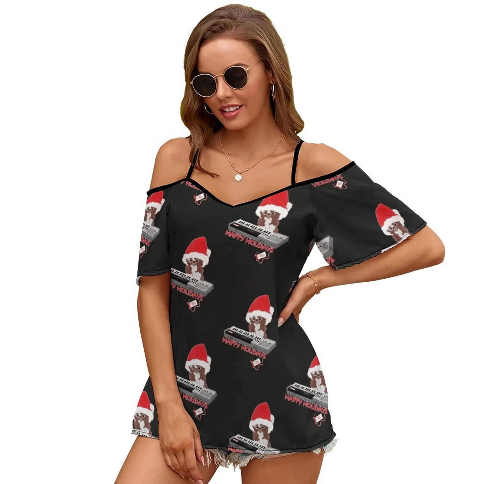 Gizmo Print O-Neck Off-The-Shoulder Top Short-Sleeved T-Shirt Ladies Streetwear Gizmo Gremlins Horror Christmas Film Joe Dante