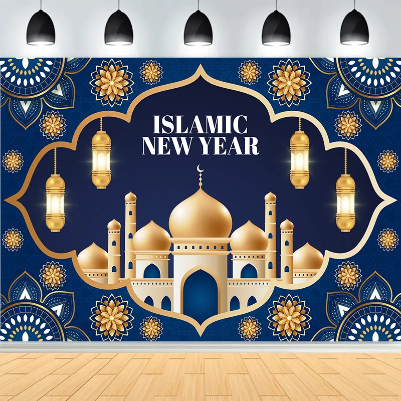 

Ramadan Shiny Golden Crescent Moon Lanterns Background Eid Mubarak Arabic Islamic Mosque Palace Photography Backdrops MO-01