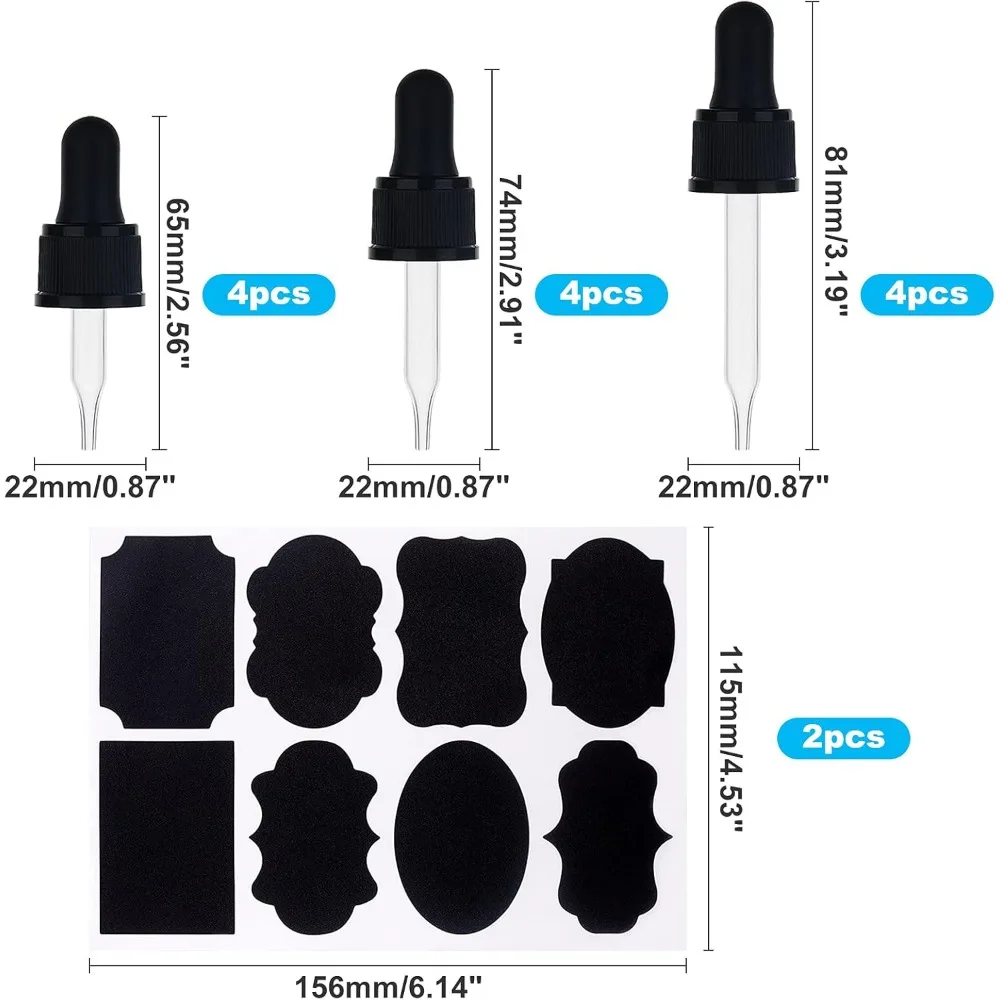 3 Sizes Glass Eye Droppers 12 Pack Transfer Graduated Pipettes Roller with 16pcs Stickers for 5/10 / 15 ml Essential Oil Bottles
