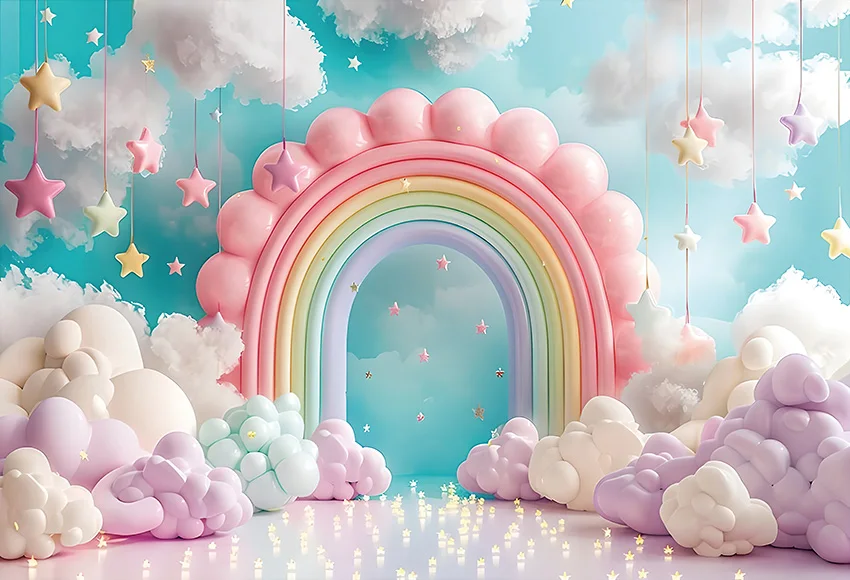 Mehofond Photography Backdrop Pink Balloon Rainbow Decor for Newborn Birthday Party Stars White Clouds Cake Smash Backgrounds