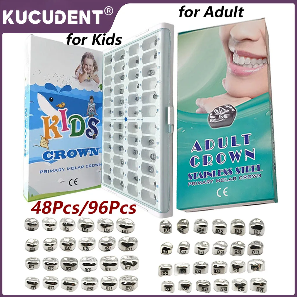 48Pcs/96Pcs Dental Kids Crowns Adult Crown Preformed Metal Temporary Crown Stainless Steel Primary Molar 1st/2nd Dentist Tools