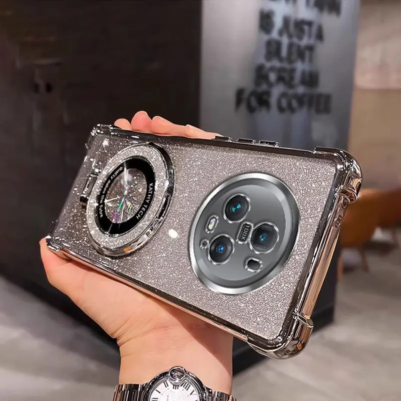 حافظات هاتف Magic5pro مع حامل Bing بريق تصفيح حافظة من السيليكون المقاوم للصدمات لهاتف Honor Magic5 pro Lite X9A غطاء براكيت هدية