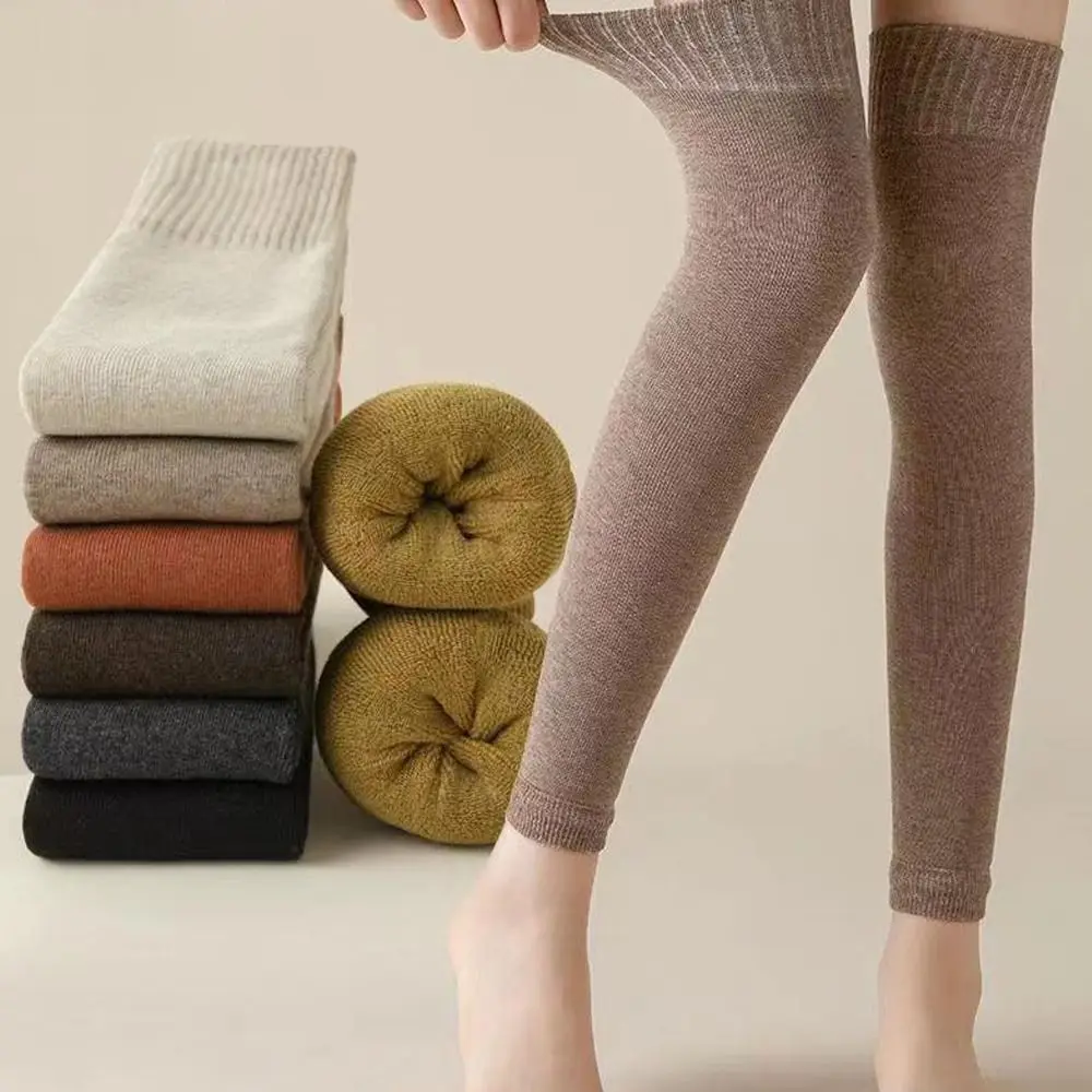 New Autumn Winter Warm Long Socks Thickned Solid Color Kneepad High Elastic Velvet Lining Knitted Stockings for Women