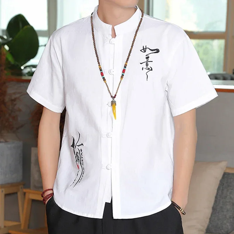 

New Chinese Style Mens Tops Tang Suit Linen Short Sleeve Solid Traditional Kung Fu China Style Hanfu Male Stand collar Shirt