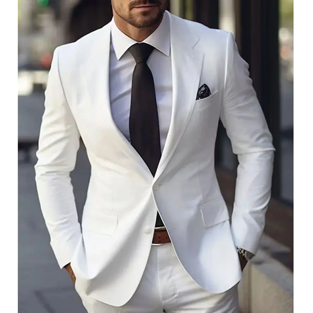 Handsome White Suit for Men Two Pieces (Jacket+Pants) Single Breasted Notch Lapel Costume Homme Business Wedding Groom\'s Set