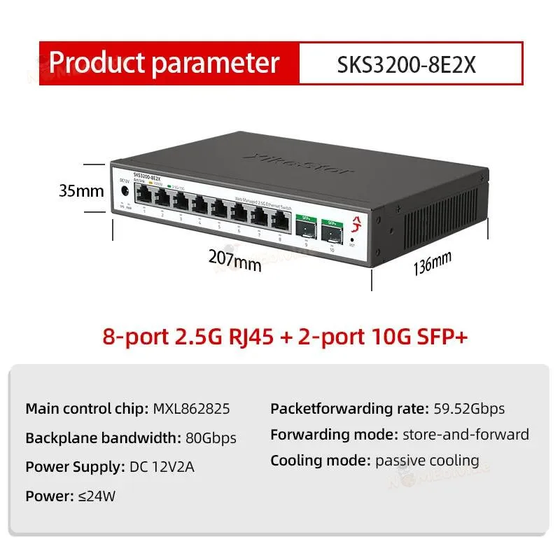 Xikestor SKS1200 Switch Simple L2 Manage 8-Port 2.5G RJ45 2-Port 10G SFP+ Support VLAN Port Aggregation