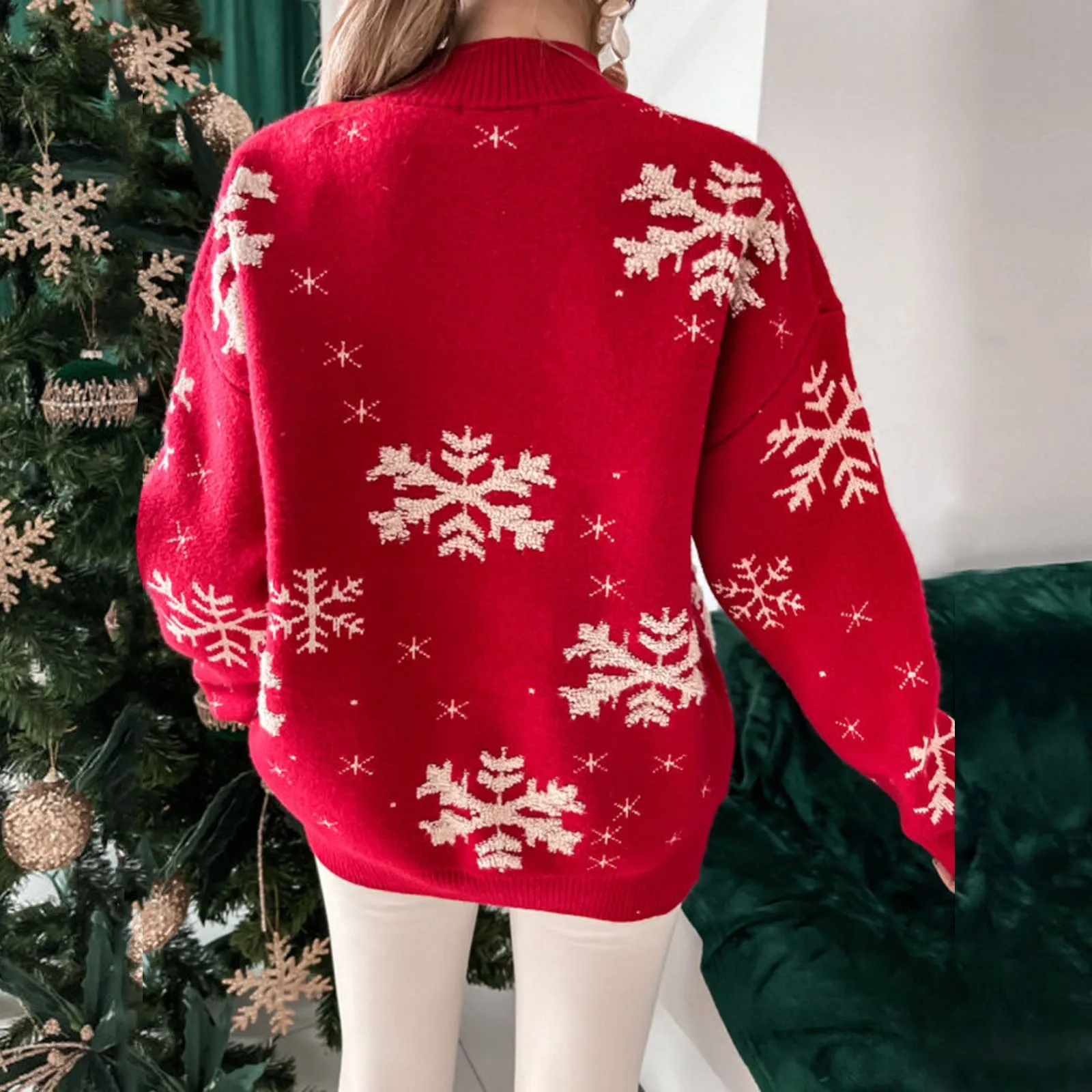 2024 New Year Christmas Red Women's Knitted Sweater Funny Christmas Snowflake Print Half High Neck Basic Xmas Party Sweaters