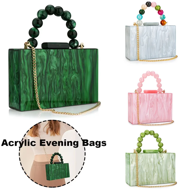 

Acrylic Handbag Pearl Marble Dark PVC Evening Bags Women Luxury Crossbody Bag Wedding Party Beach Flap Purses with chain