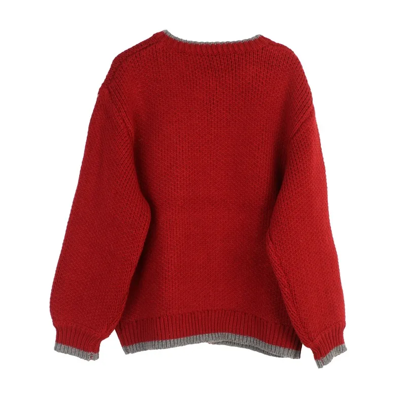 Red Color Clash Knitwears Single Breasted Wool Blend Loose Sweaters Horse Print Sweet Casual Bow Decoration Knitted Jackets 2026
