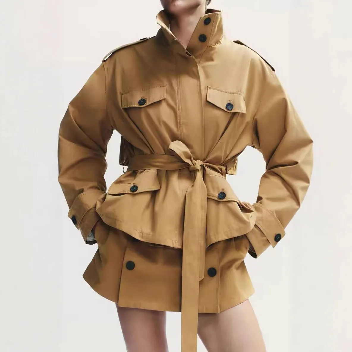 i Color Semplice ort Giacca a vento con cintura Capispalla per donna Faion transfrontaliero Lungo Sve Pure Color ket Dettaglio