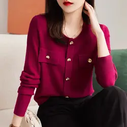 Women Autumn Winter Fashion Simplicity Button Solid Color Knitting Women Clothes Elegant Sweater Cardigan Long Sleeve O-neck Top