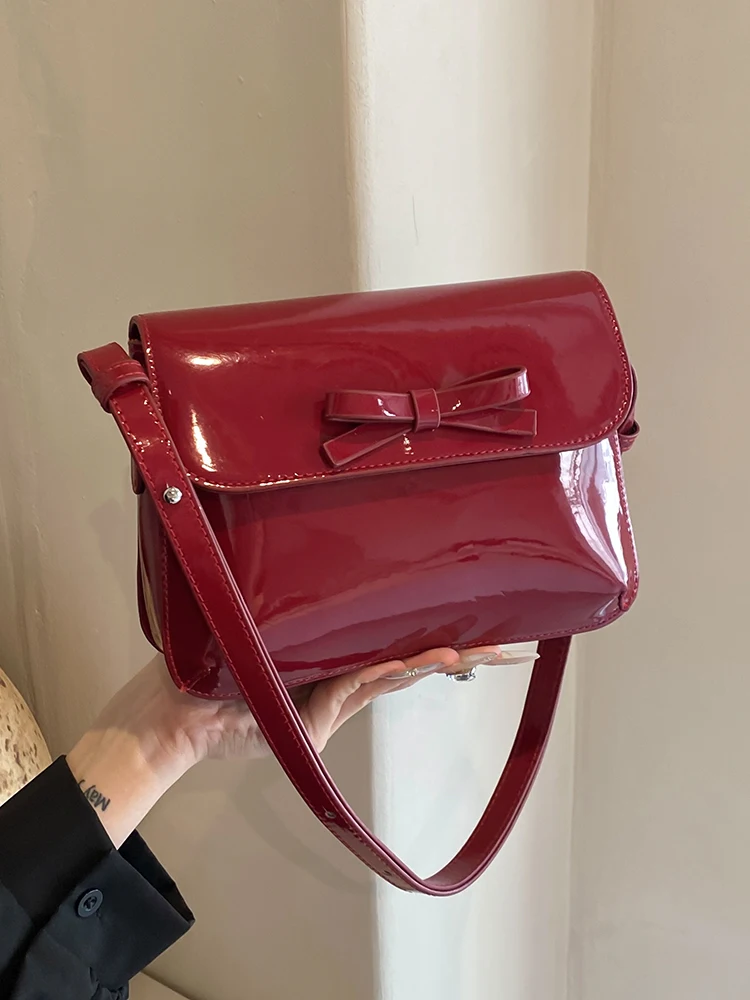 High-end Patent Leather Glossy Cherry Red Underarm Bag 2024 New Ladies Bow Magnetic Buckle Crossbody Bag Exquisite Retro Handbag