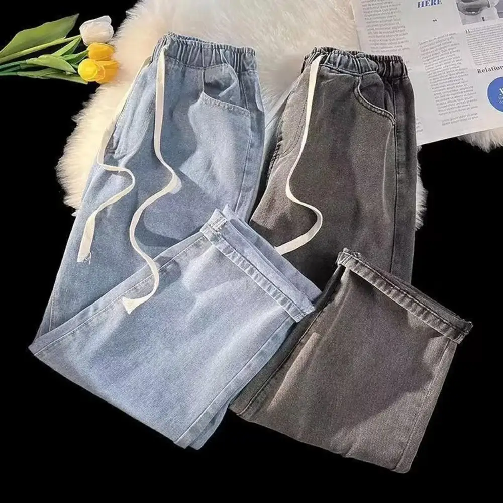 Straight Leg Jeans Wide Leg Denim Pants for Men Elastic Waist Drawstring Trousers with Pockets Loose Fit Straight Jeans for A