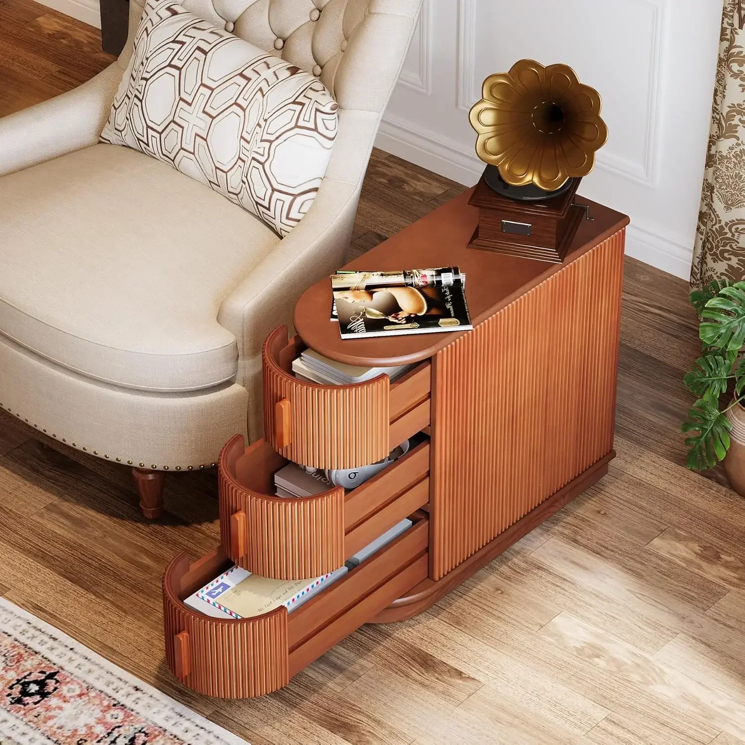 [Best Seller, Buy Now!]Solid Wood End Table, 3-Drawer Modern Sofa Side Table, Narrow Chair Side Table Slim Nightstand for Living