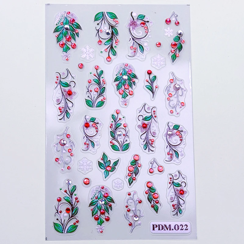 5D Christmas Embossed Nail Stickers Green Holly Leaves Floral Vine Adhesive Decals With Rhinestone Winter  Nail Art Decorations