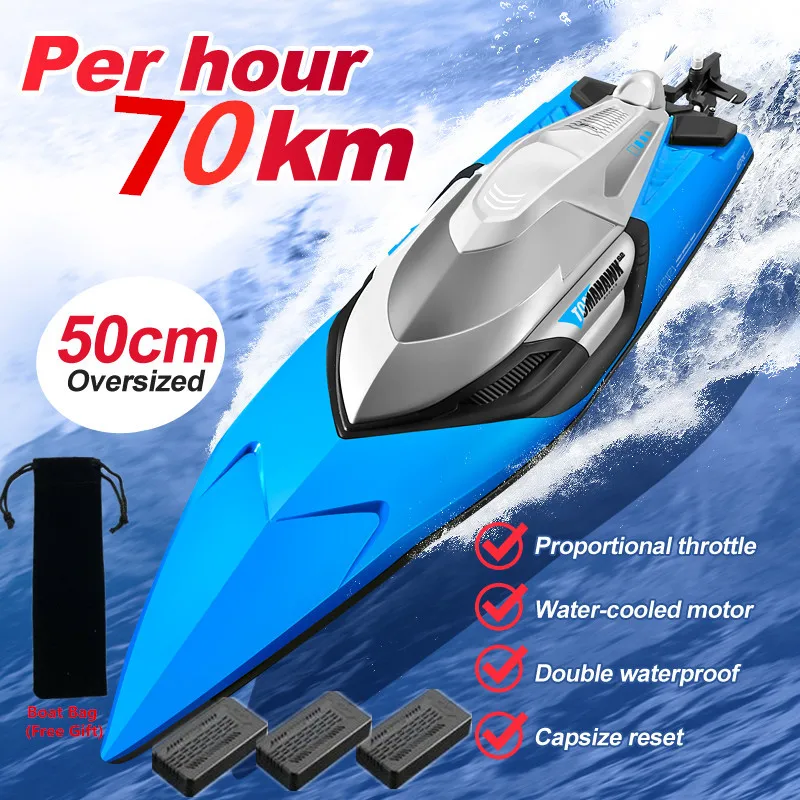 50CM Large Racing 70KM/H High Speed RC Boat 2.4G 200M Capsized Reset Dual Waterproof Smart Alarm Remote Control Boat Speedboat