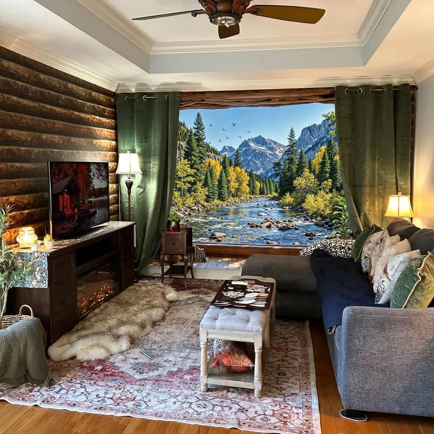 Forest Window Tapestry, Mountain River Landscape Wall Backdrop, Nature Pine Tree Mural for Living Room Bedroom Office Decor