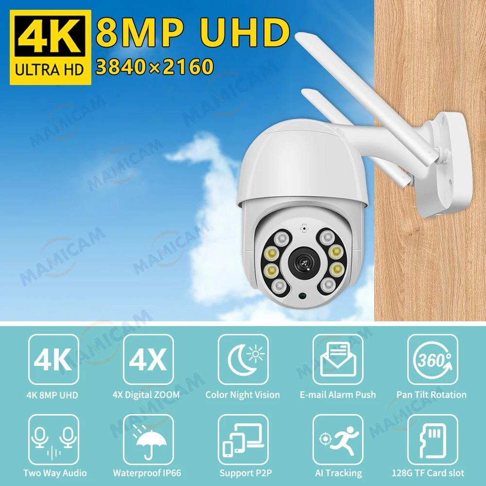 8MP PTZ WIFI IP Camera CCTV Security Camera Outdoor HD Full Color Night Vision Waterproof AI Human Detection Wireless Camera