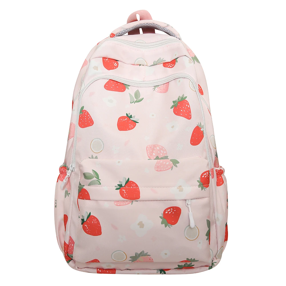 Mochila escolar com estampa morango para mulheres, alça ajustável, grande capacidade, adolescentes meninas