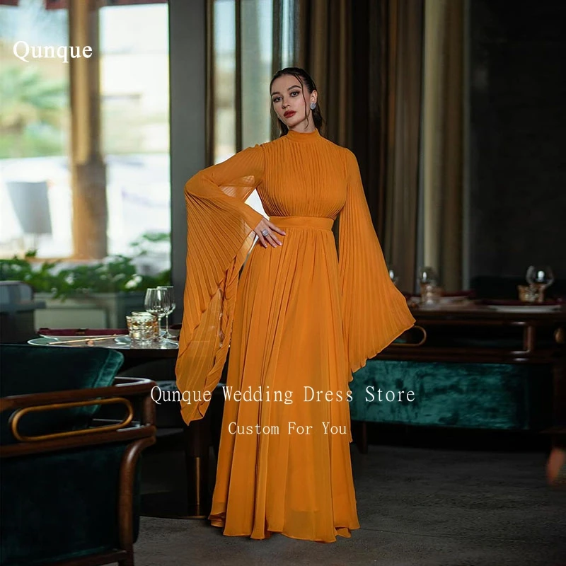 

Qunque Elegant Chiffon Evening Gowns Simple Orange Pleat Customized Formal Occasion Dress Vestidos De Fiestas Elegantes Mujer