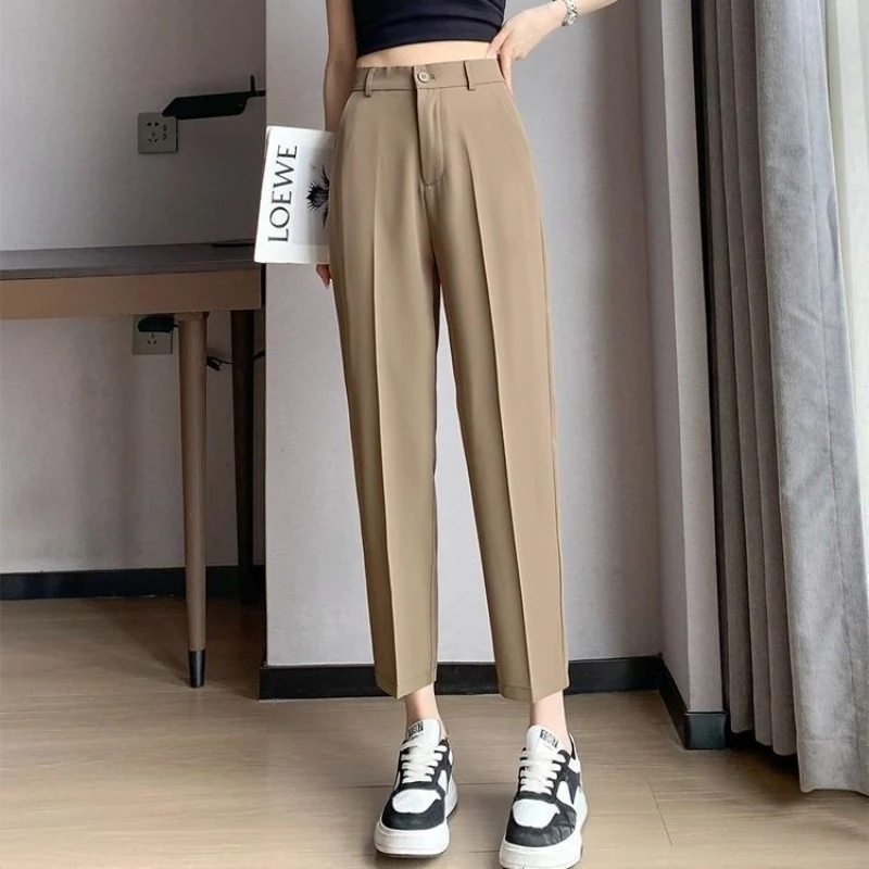 Spring Summer Office Lady Navy Blue Suit Pants Solid Elastic Waist Women Korean Fashion Casual High Waist Slim Straight Trousers