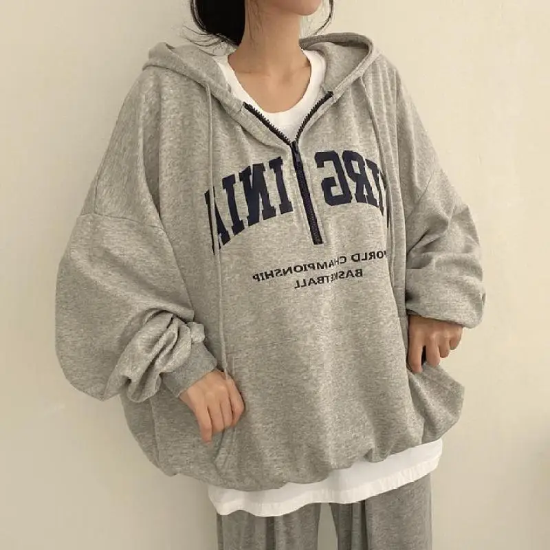 Harajuku Y2K Sweatshirt Women Loose Top Autumn Zipper Hoodie 2025 Winter Coat French Fashion Letter Print Pullovers