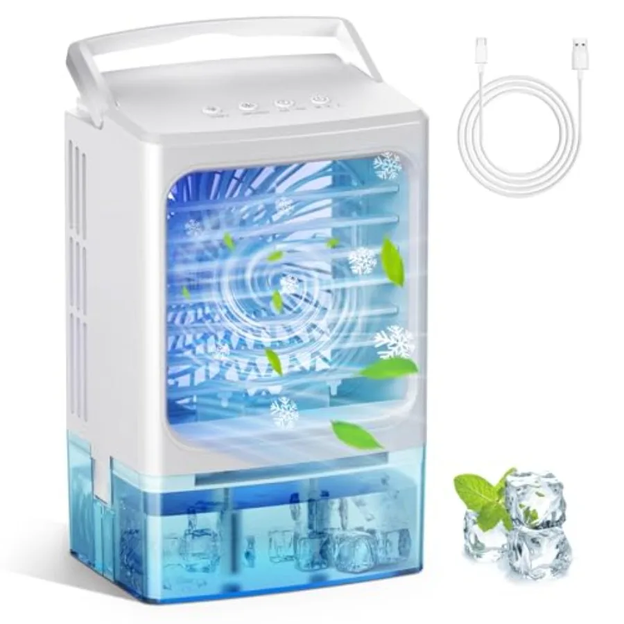 

Portable air conditioners for bedroom RV tent desk camping, evaporative cooler with 900ml water tank, 3 speeds 2 mist modes, 7-