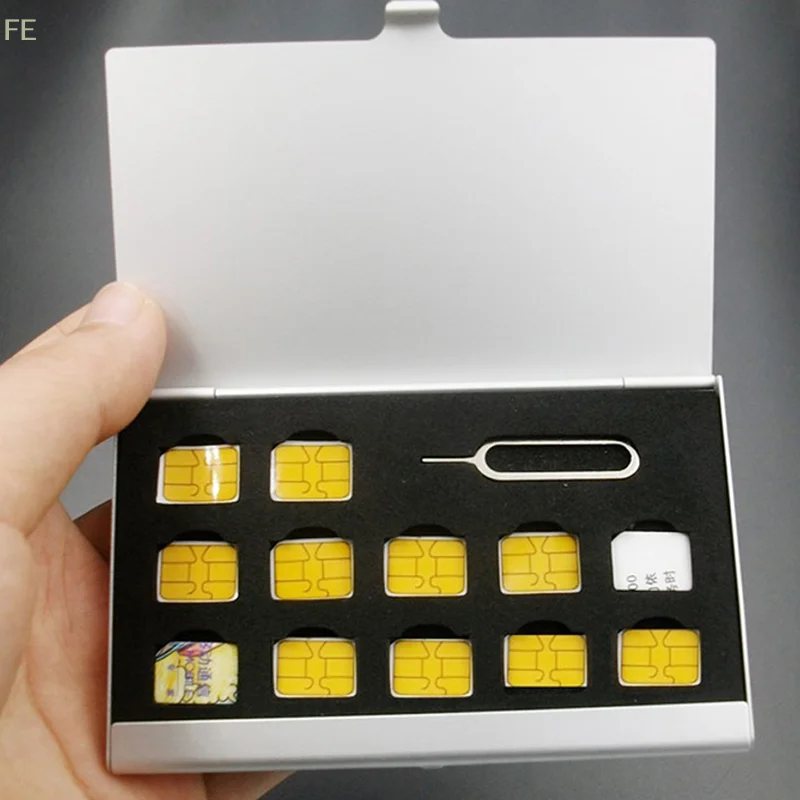 

[F] 12-Slots-NANO+1-Slot-Card-Pin Aluminum Portable SIM Micro Pin SIM Card Nano Memory Card Storage Box Case Protector Holder