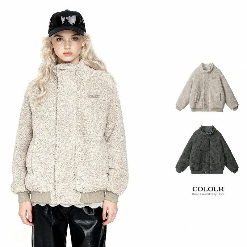 

HeyHeenry2025 Winter Loose Lamb Velvet Cotton Jaet Men's Warm Quilted Stand Collar American Sle Couple Outerwear