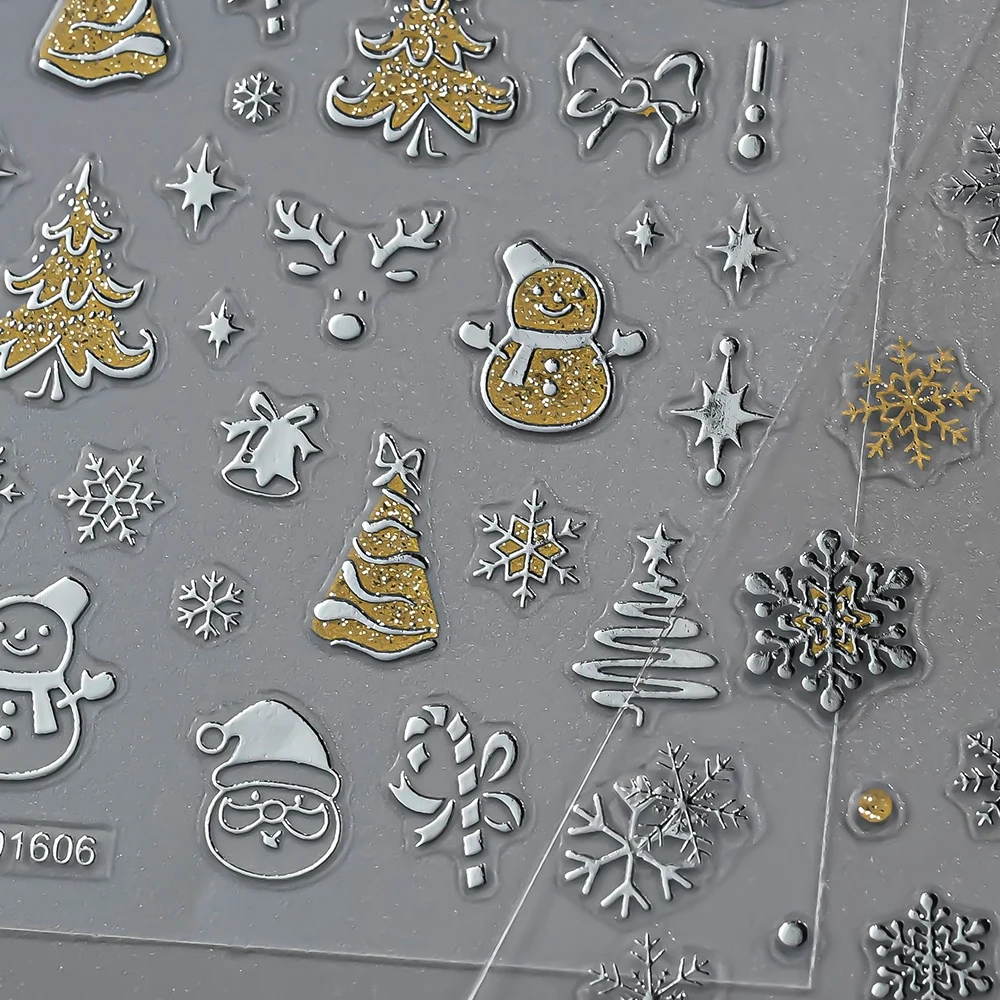 12pcs Multiple Different Style of Snowflake Nail Art Stickers Silver Snowflake with Gold Glitter Nail Decor Festive DIY Manicure
