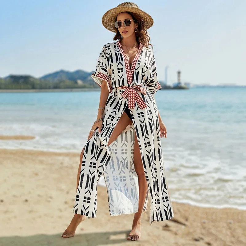 

Women's Beach Tunic Dress 2023 Bath Exits Swimsuit Outing Bikini Cover Up Playa Printed Coverup Sexy Cardigan Large Holiday