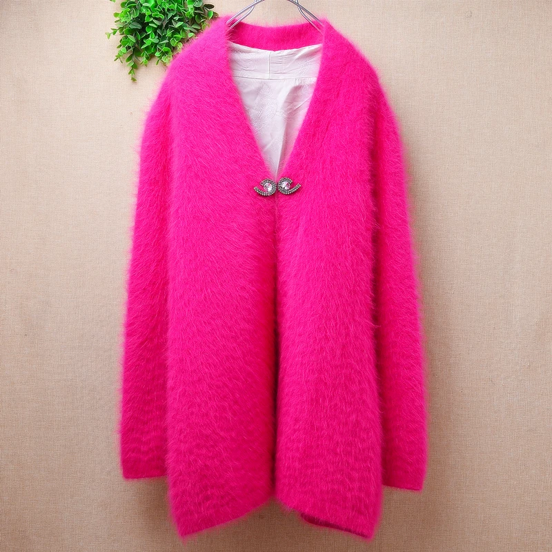 Women Mujer Autumn Winter Pull Rose Hairy Mink Cashmere Knitted Long Sleeves Slim Cardigan Mantle Angora Fur Sweater Jacket Pull