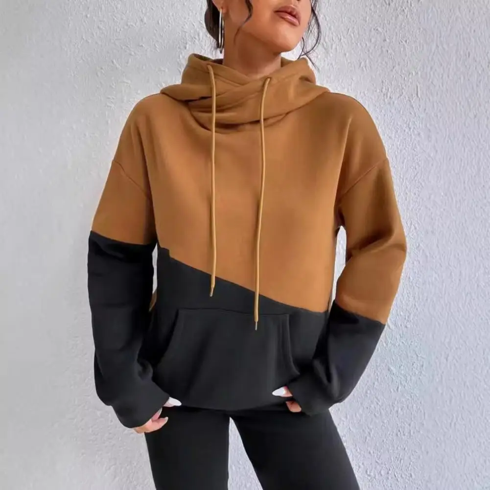 

Loose Hoodie Colorblock Drawstring Hoodie with Big Pocket for Women Warm Winter Sport Fitness Top with Elastic Cuffs Hem Stylish