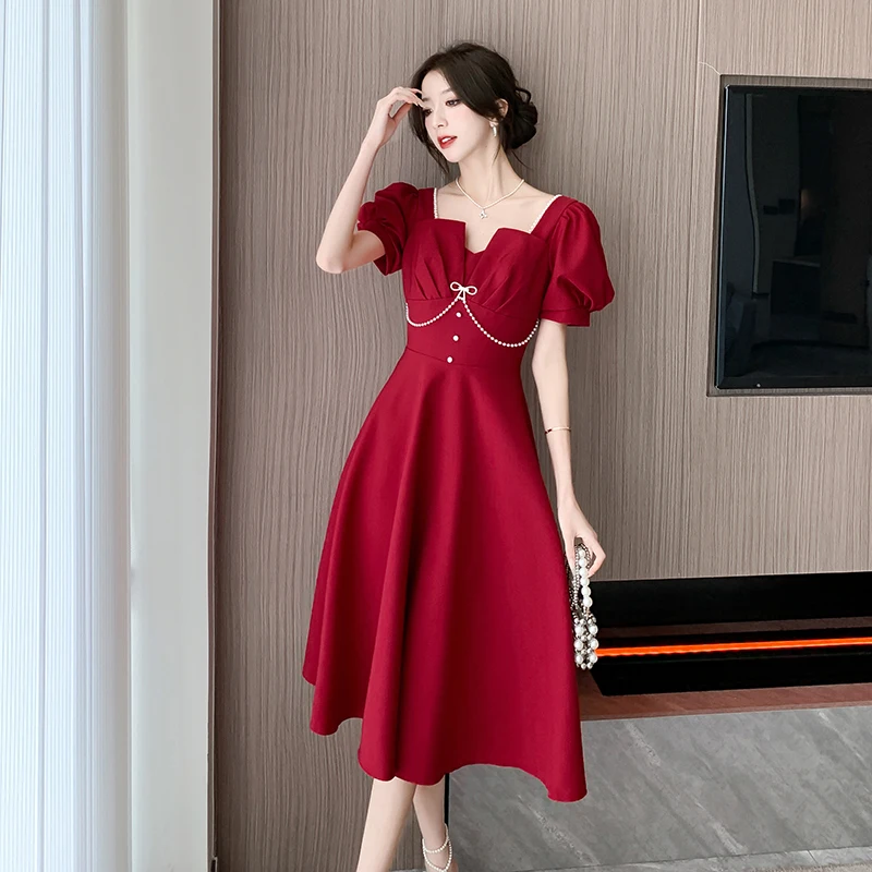 

Elegant Wedding Party Midi Dresses for Women 2023 New Summer French Chic Square Collar Female Clothes Luxury Evening Black Dress