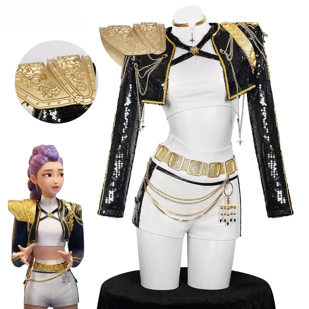 

KPop Охотники на демонов Фильм Косплей Руми ‌ Костюм, черная куртка с блестками, костюм на Хэллоуин, праздничная одежда для женщин