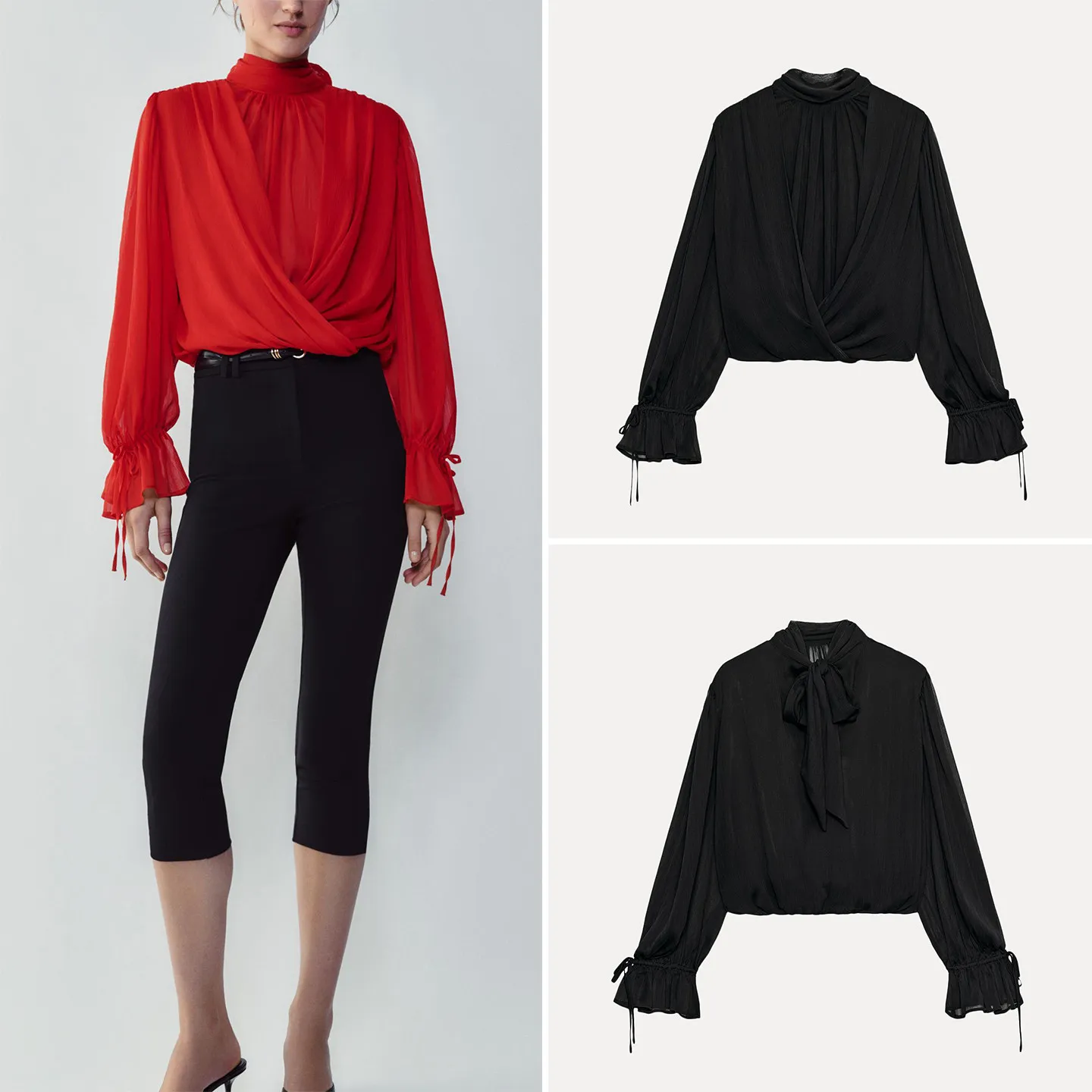 Women's Long Sleeve Stand Collar Backless  Knot Pleated Top Casual Style Loose Fit Autumn New Arrival ZADATA