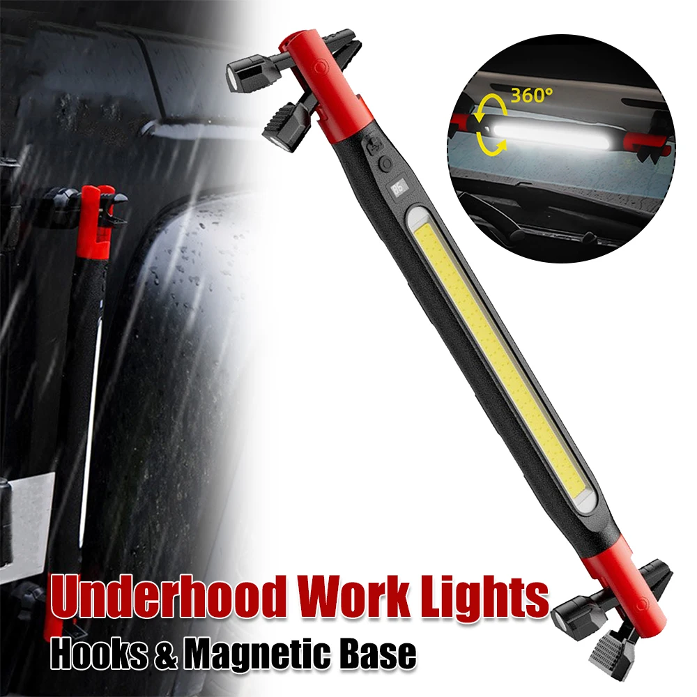 充電式ポータブルコードレスエンジンルーム作業灯、磁気ベースとフック付き、COB LED作業灯バー、車の緊急修理用