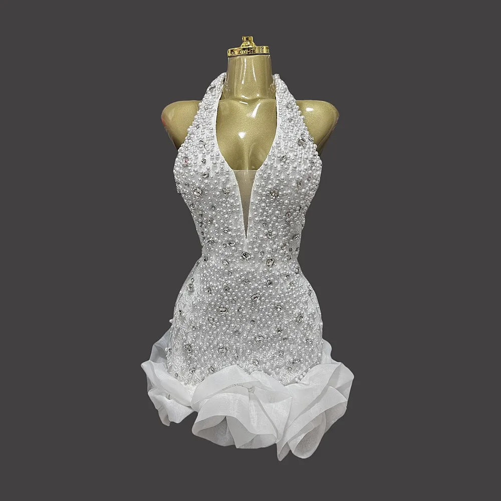 

Женское роскошное короткое платье с вырезом, украшенное стразами и бусинами, белое, сексуальное, для вечеринок, ужинов, высокой моды, костюм для выступлений, 2026