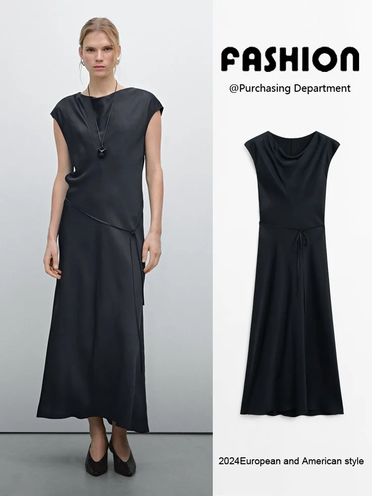 Robe longue en Satin pour femmes, dr dr dr drapée, haut de gamme, ort Sve, ligne a, couchée à la taille, ronde Ne, nouvelle collection été