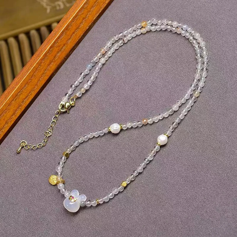 Natural Crystal Rabbit Fur Collarbone Chain White Agate Rabbit Glass Swirl Pattern Bead Pendant Malachite Pearl Necklace