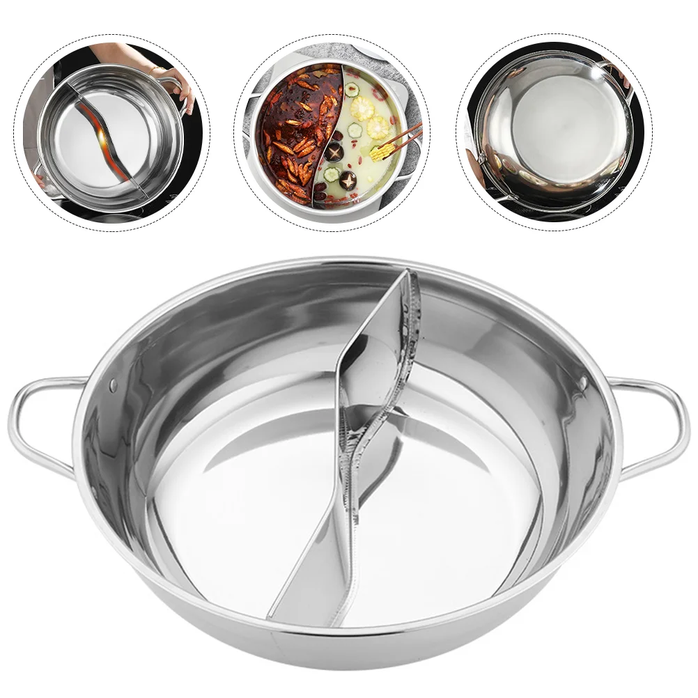 

Divider Stainless Steel Mandarin Duck Pot Two-flavor Hot Pan with Induction Cooker Double Handle Hotpot Kitchen Silver Cooking