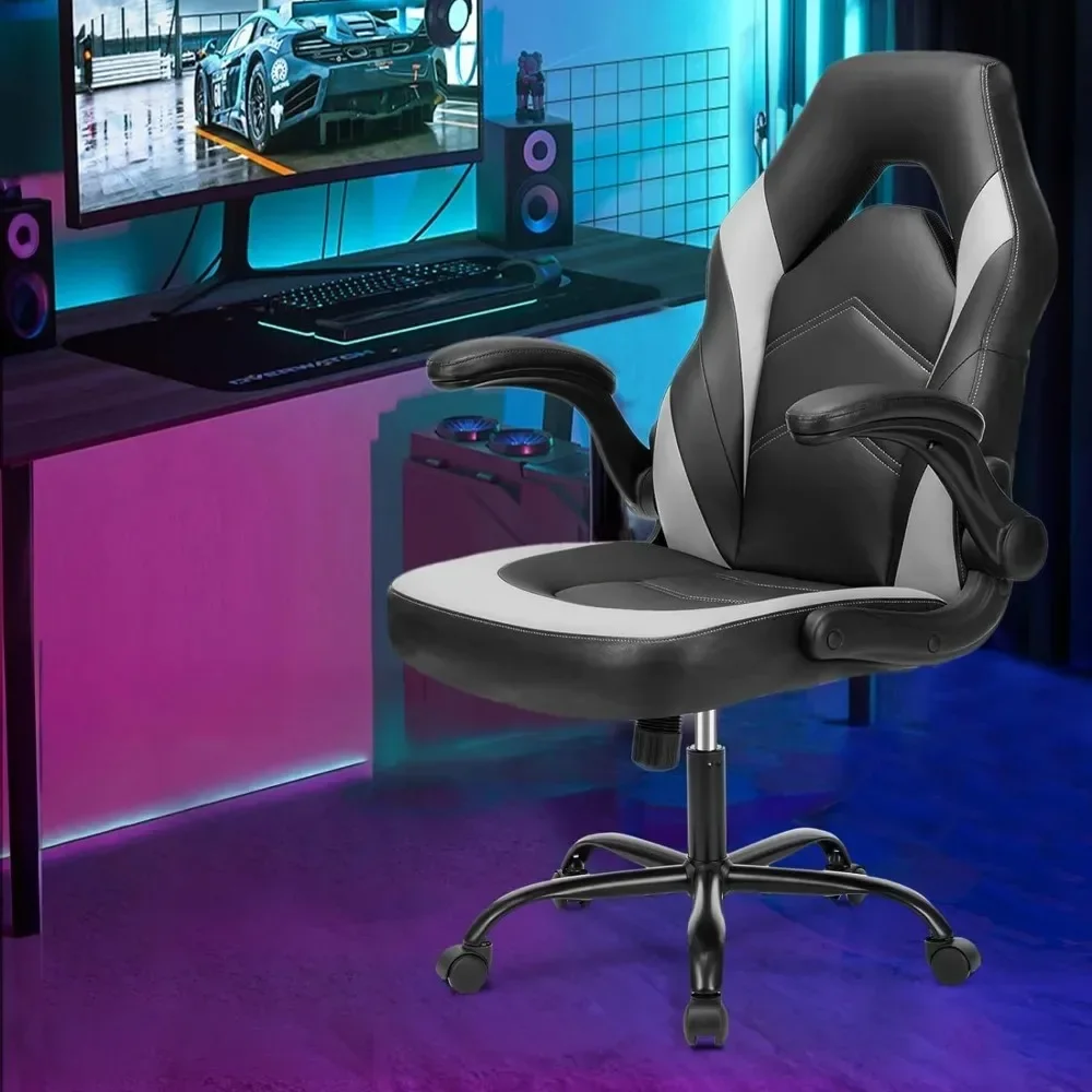 Computer Gaming Desk Chair - Ergonomic Office Executive Adjustable Swivel Task PU Leather Racing Chair with Flip-up Armrest