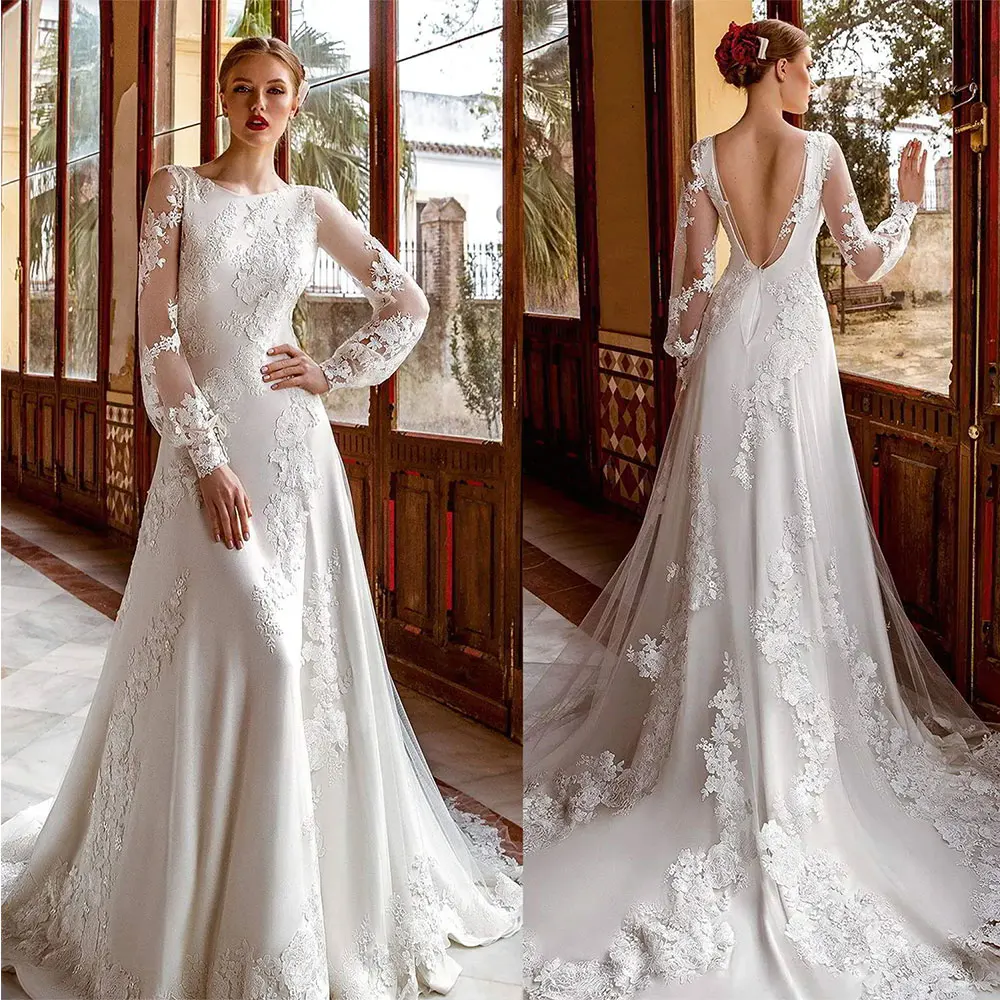 

Vintage Backless Lace Wedding Dresses 2024 Appliques A Line Bridal Gowns Sweep Train Long Sleeves Formal Marriage Occasions Robe