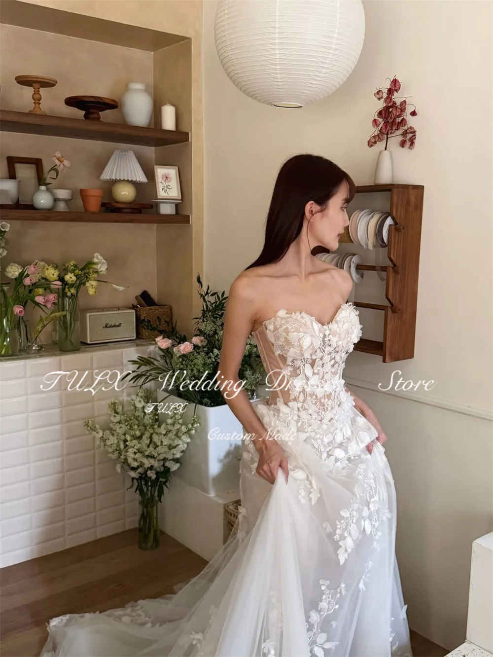 TULX 高級アイボリーレース A ラインロングウェディングドレス韓国写真撮影セクシーな恋人ブライダルドレスコルセットカスタマイズ 웨딩드레스
