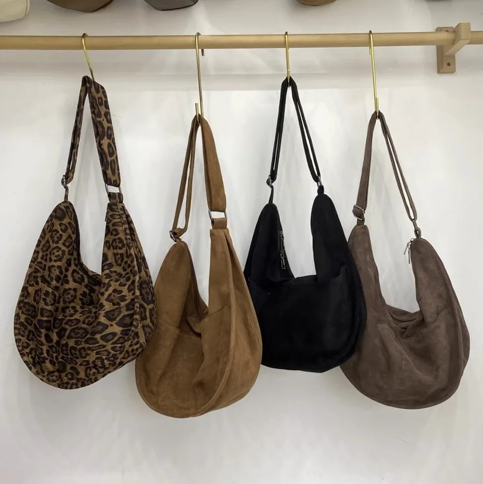 

Vintage Faux Suede Shoulder Bag Half Moon Hobos Tote Bags for Women Leopard Crossbody Bag 2025 Large Handbags Shopper Purses New