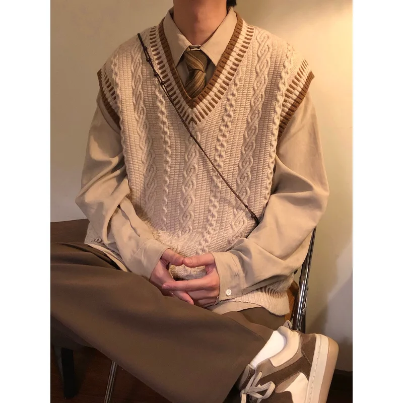 

Preppy Style V Neck Knit Vest For Men Spring Autumn New Style Japanese Retro Sleeveless Sweater Vest Pullover Waistcoat Jacket