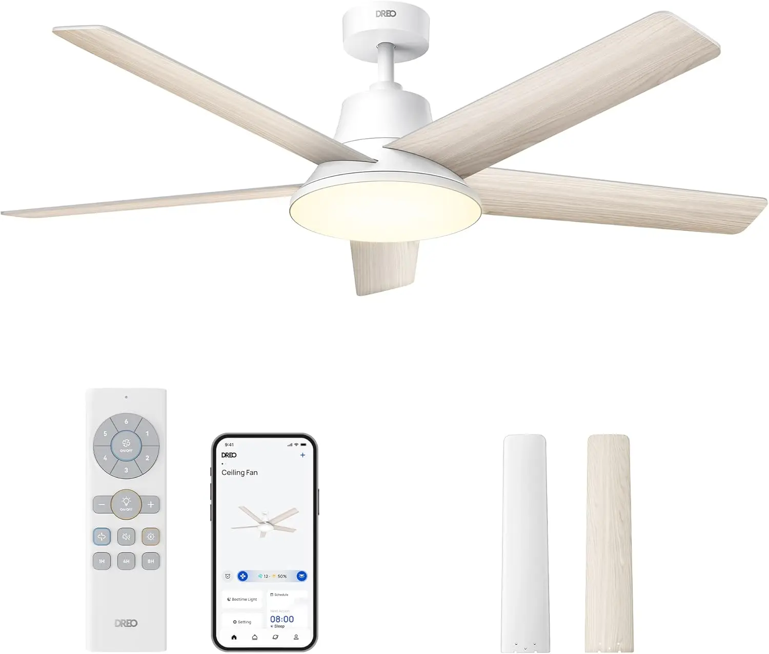 Stepless Color Tones, Dimmable LED Light, 12H Timer, Quiet DC Motor, Remote/APP/Alexa Control, White Ceiling Fans Indoor