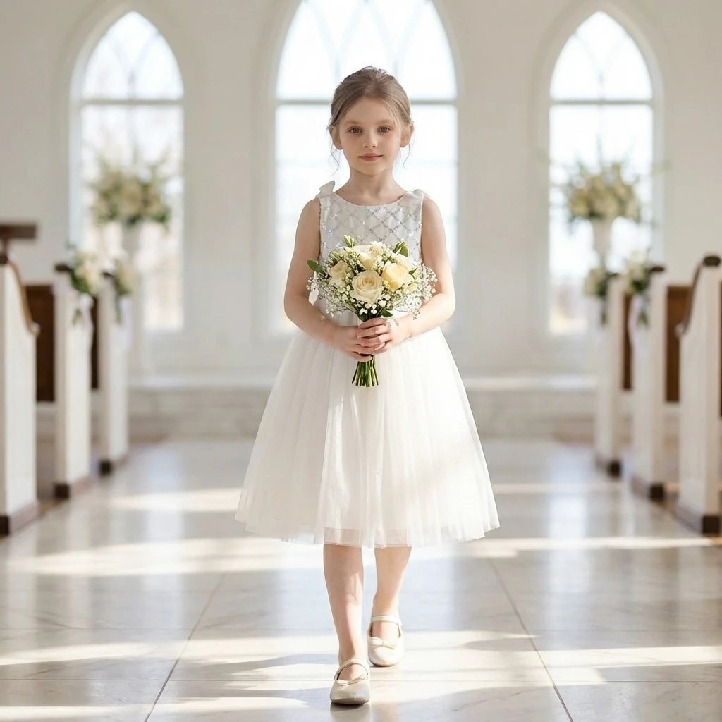 

2026 White Sequin Girls Wedding Flower Girl Dress Bow Tulle Tutu Gown Kids Communion Party Princess Dress Baptism Vestidos